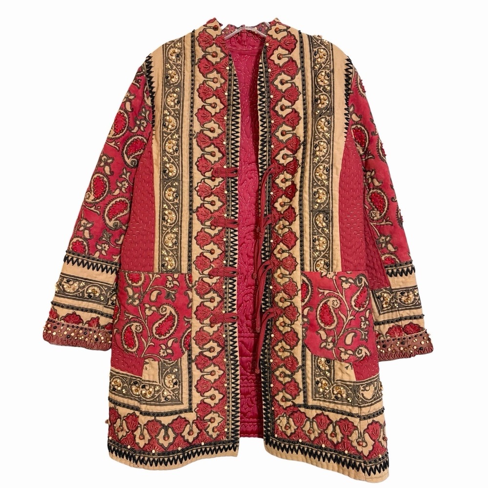 Happy Bird Samarkand Quilted Boho Jacket Uzbek Art To Wear Beaded Tassel Coat S - Picture 5 of 13